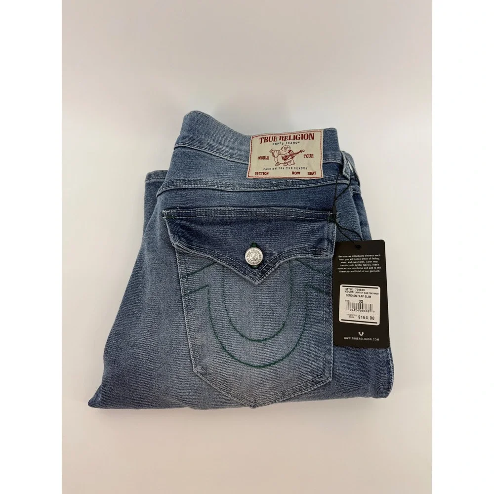 True Religion Geno SN Flap Slim Jeans 32 Light Icy Blue Pine Wash 700859‎ NEW